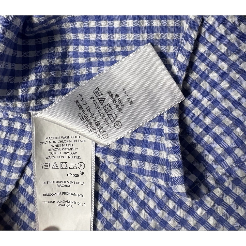 Polo Ralph Lauren Mens XL Seersucker Shirt Shot Sleeve Gingham Check Blue White - Picture 7 of 9